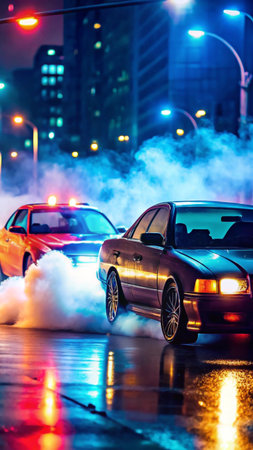 Car with smoke on the road in the city at night. Smoke from burning cars.の素材