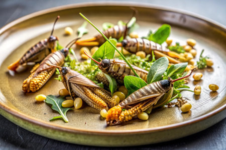 Fried crickets with corn and microgreens on a plateの素材