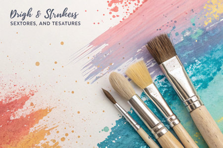 Set of paintbrushes on colorful watercolor background with space for textの素材