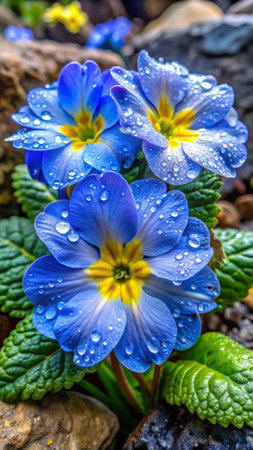 Beautiful blue primula flowers with raindrops on petals.の素材