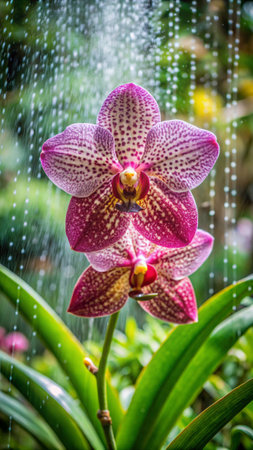Beautiful orchid flower in the garden with rain drops, Thailand.の素材
