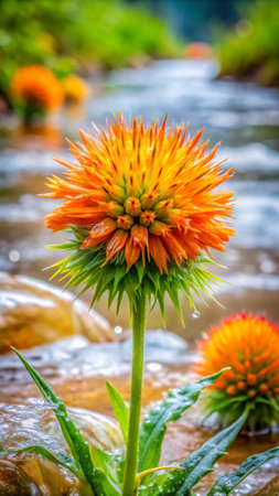 Close up of orange and yellow flower on blurred background of water streamの素材
