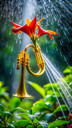 Trumpet in the garden with rain and green leaf background, Thailand.の素材