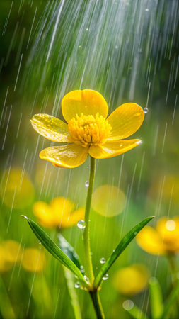 Yellow flower with raindrops on green background. Water drops on yellow flower.の素材
