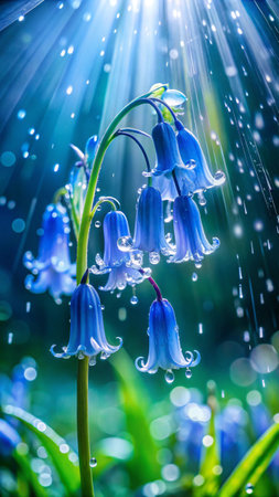 Bluebells in the rain. Beautiful bluebells with dew drops.の素材