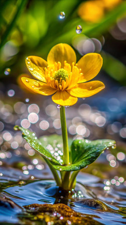 Yellow marsh marigold flower with water drops in the morning.の素材