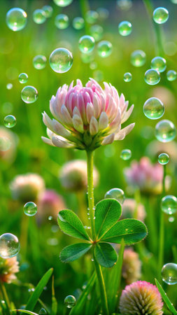 Dew drops on a clover flower in the meadow.の素材