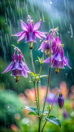 Purple Aquilegia flowers with raindrops in the gardenの素材