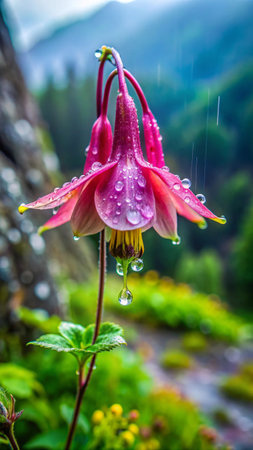 Aquilegia flower with raindrops in the mountains.の素材