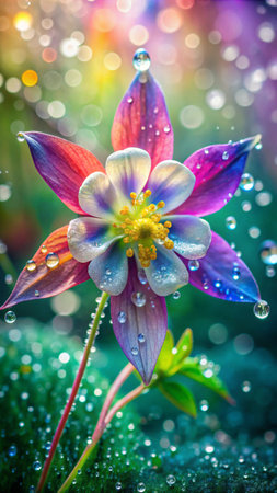 Beautiful aquilegia flower with dew drops closeupの素材