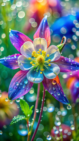 Beautiful blue and purple columbine flower with raindrops in the morningの素材
