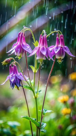 Aquilegia vulgaris flowers in rain drops in the gardenの素材