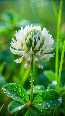 White clover flower with dew drops after the rain on green backgroundの素材