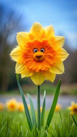 Yellow daffodil with funny face on green grass in springの素材