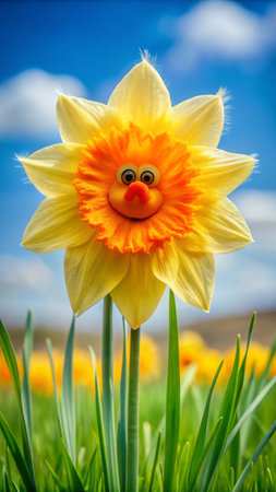 Yellow daffodil with a smiley face on it.の素材