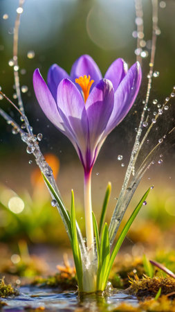 Beautiful crocus flowers in the spring garden. First spring flowers.の素材