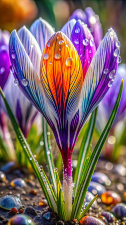 Beautiful crocus flowers with dew drops on the petalsの素材