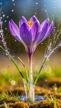 Close up of crocus flower with water drops in the garden.の素材