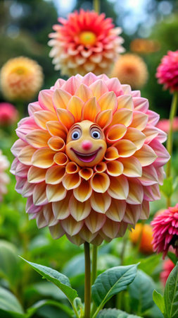 Colorful dahlia flower in the garden with smiley faceの素材