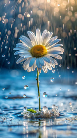 Beautiful chamomile flower with raindrops on the waterの素材