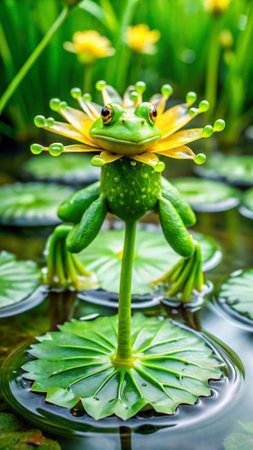 Frog sitting on lotus flower in the pond, Thailand.の素材
