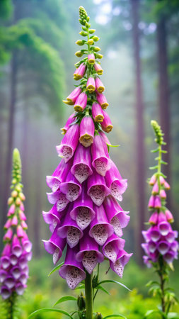 Beautiful purple foxglove flower in the morning misty forestの素材