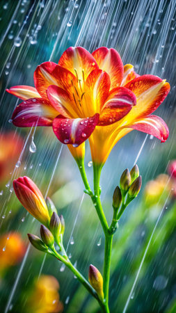Rain drops on a beautiful orange daylily flower in the gardenの素材