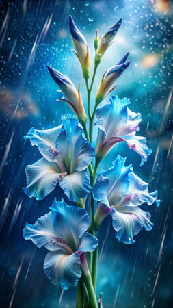 Beautiful gladiolus flowers on the background of raindrops.の素材