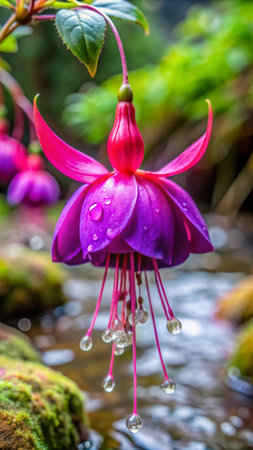 Fuchsia flower with water drops in a garden, Thailand.の素材