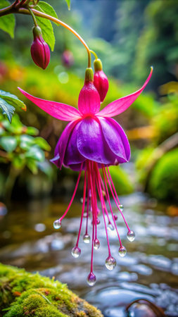 Fuchsia flower in the garden with rain drop, Thailand.の素材