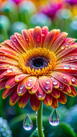 Beautiful gerbera flower with dew drops after the rainの素材