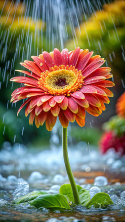 Beautiful gerbera flower in the garden with rain drops.の素材