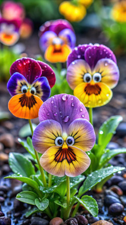 Colorful pansy flowers with raindrops on petals in the gardenの素材