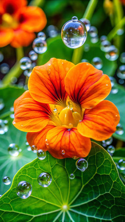 Nasturtium flower with water drops, Thailand. (Nasturtium flower)の素材