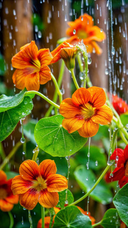 Orange nasturtium flowers with water drops in the garden.の素材