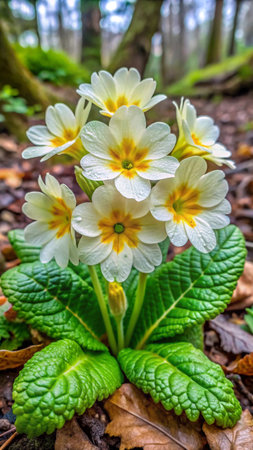 Primrose (Primula vulgaris) in the spring forest.の素材