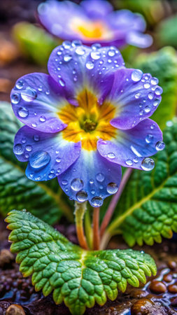 Beautiful purple primrose with dew drops close-up macro photographyの素材