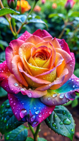 Beautiful colorful rose with dew drops after rain in the gardenの素材