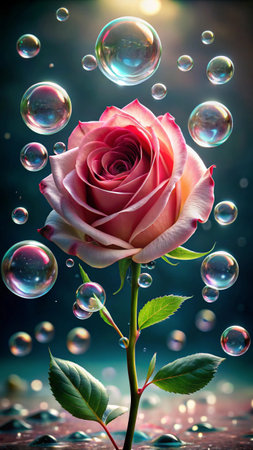 Beautiful pink rose with soap bubbles on a dark blue background.の素材