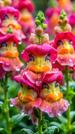 Close up of colorful snapdragon flowers with rain drops on petalsの素材