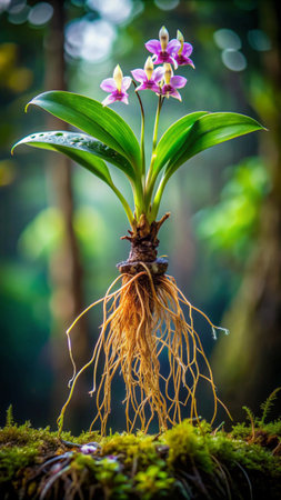 Orchid flower with roots in the rainforest of Borneo.の素材