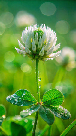 White clover flower with dew drops on green grass background.の素材