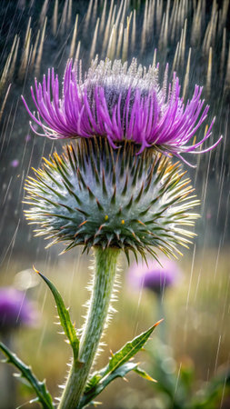 Cirsium vulgare, purple thistle flower in the rainの素材
