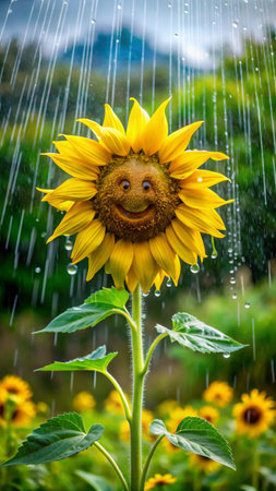 Sunflower with smiley face in the rain. Sunflowers background.の素材