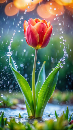 Tulip flower with water drops in the garden. Nature backgroundの素材