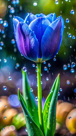 Blue tulip with water drops on the petals after rain.の素材