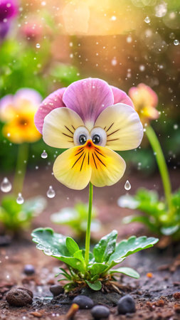 Pansy flower with water drops in the rain. Nature backgroundの素材
