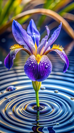 iris flower in the pond with water ripples and reflection in itの素材