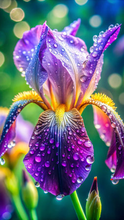 Beautiful iris flower with dew drops on the petalsの素材