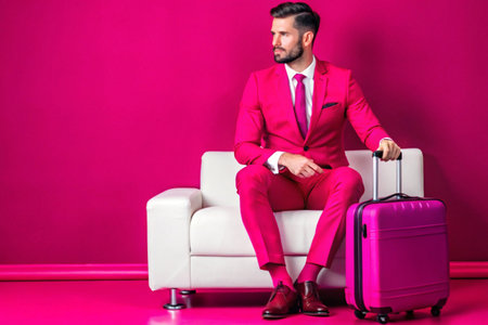 bearded man in suit sitting on sofa with suitcase and looking awayの素材